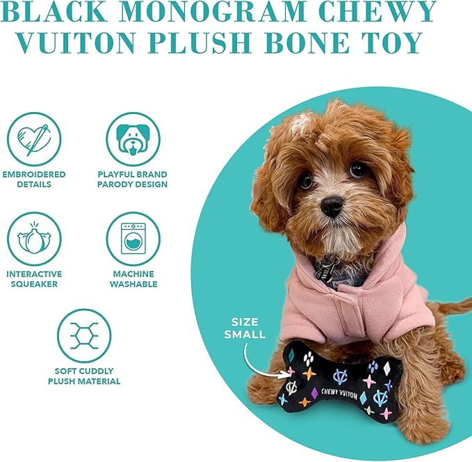 Haute Diggity Dog Black Monogram Chewy Vuiton Bone, Plush Designer Dog Toys with Interactive Squeaker, Stimulating Pet Enrichment, Machine-Washable & Safe Materials for All Breeds, Size XL