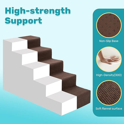 Dog Stairs for Bed, Extra Wide 5-Step Dog Steps for High Bed, High-Density Foam Pet Stairs with Non-Slip Removable Washable Cover for Small Pets, 23" H, Brown