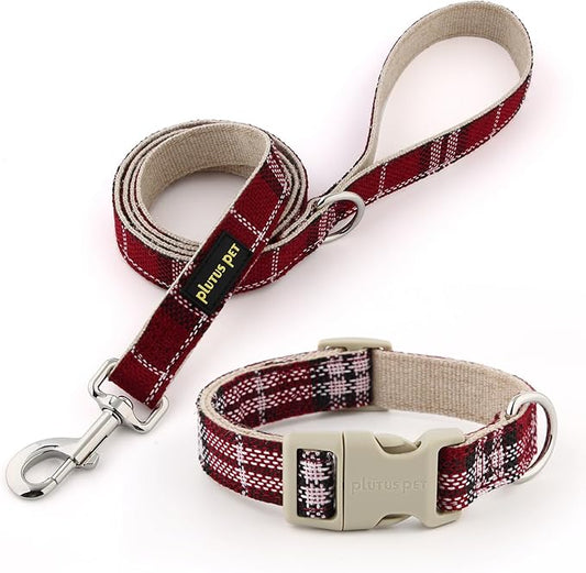Plutus Pet Cotton Hemp Dog Collar and Leash Set, Adjustable Collar for Small, Medium, and Large Dogs, Heavy Duty and Soft on Skin, Red Plaid, L