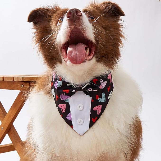 Valentine Dog Tuxedo Bandana with Bow Tie, Adjustable Tuxedo Style Heart Pattern Pet Costume for Dogs, XS to XL