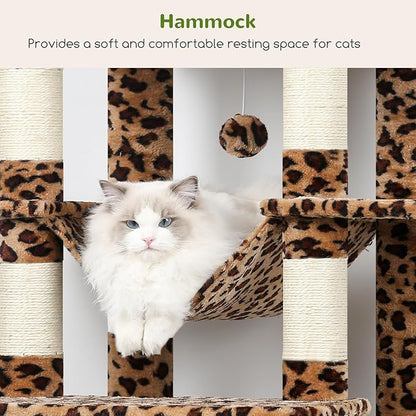 Globlazer XXL Giant Cat Tree, 83 Inch Heavy Duty Tall Cat Tower for Indoor Cats Large Adult, Multi-Level Large Cat Condo with 8 Scratching Posts, Hammock, 2 Cat Caves, 2 Platform, F83B, Leopard Print