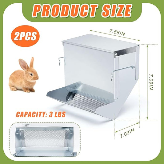 Maxcheck 4 Pcs Rabbit Feeder for Cages Small Animal Food Dispenser with Lid Metal Rabbit Feeders Outside for Guinea Pig (7.7 Inches,Silver)