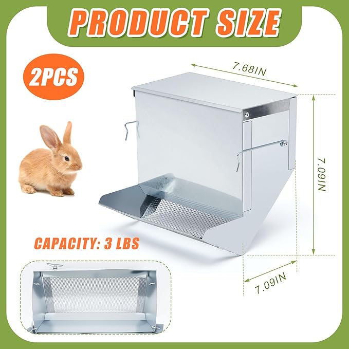 Maxcheck 2 Pcs Rabbit Feeder for Cages Small Animal Food Dispenser with Lid Metal Chicken Grit Oyster Shell Feeders Outside (7.7 Inches,Mesh Bottom,Silver)