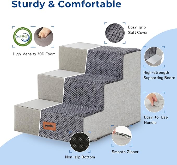 Dog Steps for Couch - Pet Stairs for Small Dogs and Cats, Dog Steps with Non-Slip Bottom Grey 3 Steps, Brown