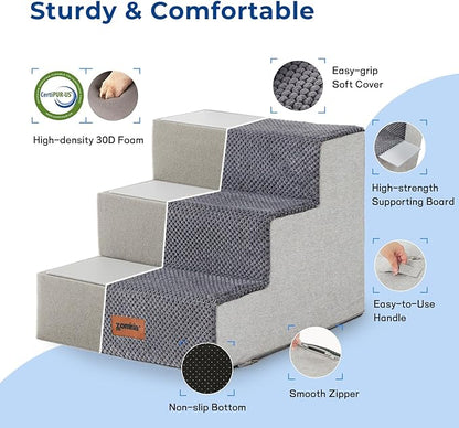 Dog Steps for Couch - Pet Stairs for Small Dogs and Cats, Dog Steps with Non-Slip Bottom Grey 3 Steps, Brown