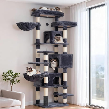 Hey-brother Cat Tree, 74 inches Multi-Level XL Large Cat Tower for Indoor Cats with Three Cat Condos, Two Large Top Decks and Cat Hairbrushfor Kittens, Cats and Pets, Smoky Gray MPJ035-MG