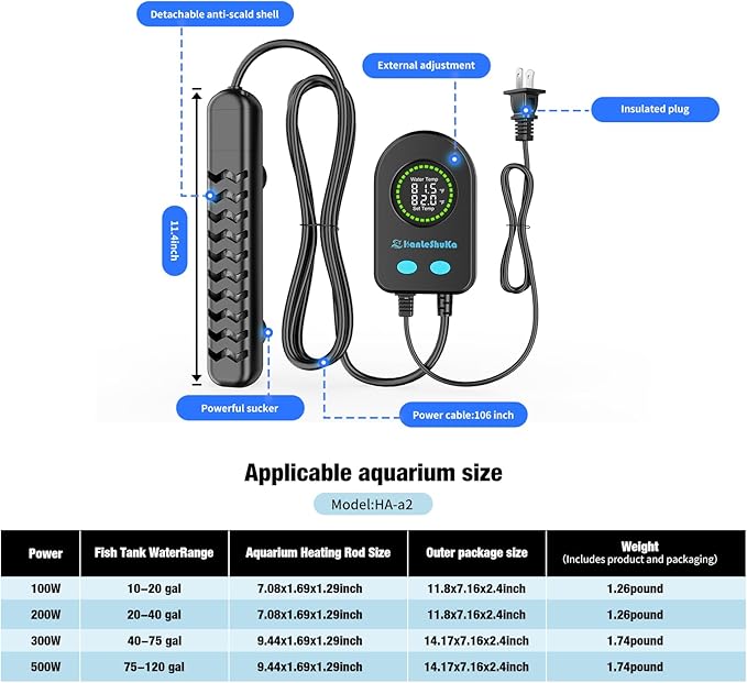Submersible Aquarium Heater 100W/200W/300W/500W, Fish Tank Heater with high-Temperature Protection and Turtle Tank Heater with Automatic Power-Off When Leaving seawater or Freshwater.