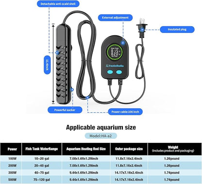 Submersible Aquarium Heater 100W/200W/300W/500W, Fish Tank Heater with high-Temperature Protection and Turtle Tank Heater with Automatic Power-Off When Leaving seawater or Freshwater.