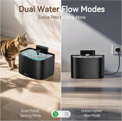 Cat Water Fountain, App Control Wireless Cat Fountain, 122oz/3.6L Pumpless Water Fountains for Cats Indoor with Stainless Steel Tray, Wi-Fi Dog and Pet Water Fountain (Black, Fountain+8 Fliters)