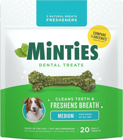 Minties Dental Chews for Dogs, 8 Count, Vet-Recommended Mint-Flavored Dental Dog Treats for Medium Sizes 25-50 lbs, Bones Clean Teeth, Fight Bad Breath, and Removes Plaque and Tartar