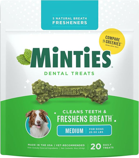 Minties Dental Chews for Dogs, 8 Count, Vet-Recommended Mint-Flavored Dental Dog Treats for Medium Sizes 25-50 lbs, Bones Clean Teeth, Fight Bad Breath, and Removes Plaque and Tartar