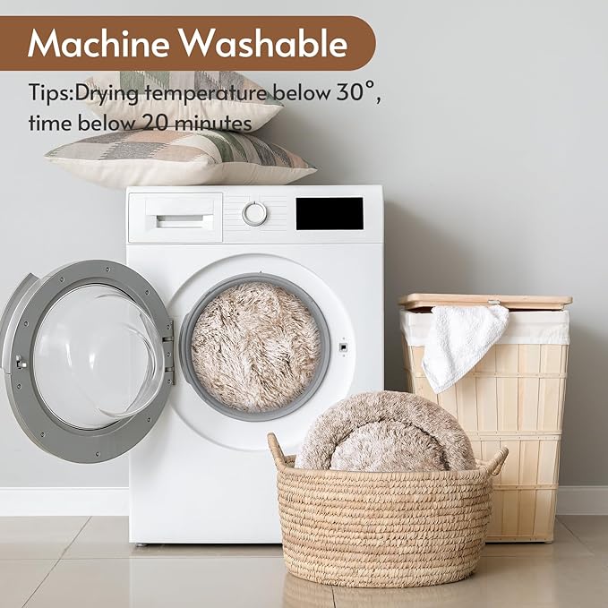 JOLLYVOGUE Small Dog & Cat Beds for Indoor Cats, Donut Cuddler Warming Soft Dog Beds with Anti-Slip Bottom, Round Calming Fluffy Plush Faux Fur Cushion Bed for Large Dogs (36")