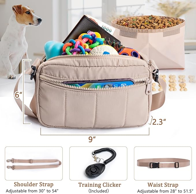 Fashion Dog Treat Pouch with Clicker Stylish Crossbody Dog Walking Bag, 3-in-1 Dog Training Treat Pouch with Removable Waterproof Liner, Treat Holder Waist Bag for Puppy Training & Daily Walks