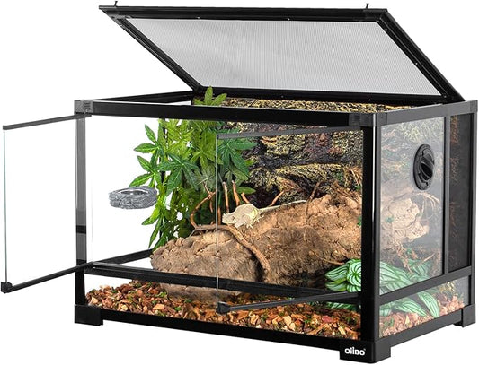 OIIBO Full Vision Glass Reptile Terrarium 27 Gallon, Double Hinge Door with Screen Ventilation Reptile Tank 24"x16"x16" (Knock-Down)
