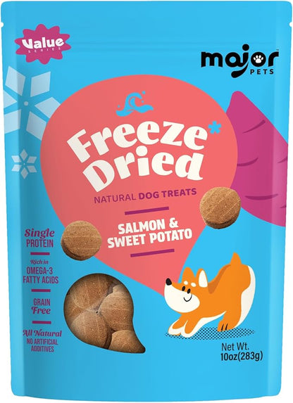 MAJOR PETS Freeze Dried Wild-Caught Salmon&Sweet Potato Dog Treats,Single Protein,All Natural,Rich in Omega-3,Healthy Training Treats or Meal Topper for All Dogs-10 Ounce (Pack of 1)