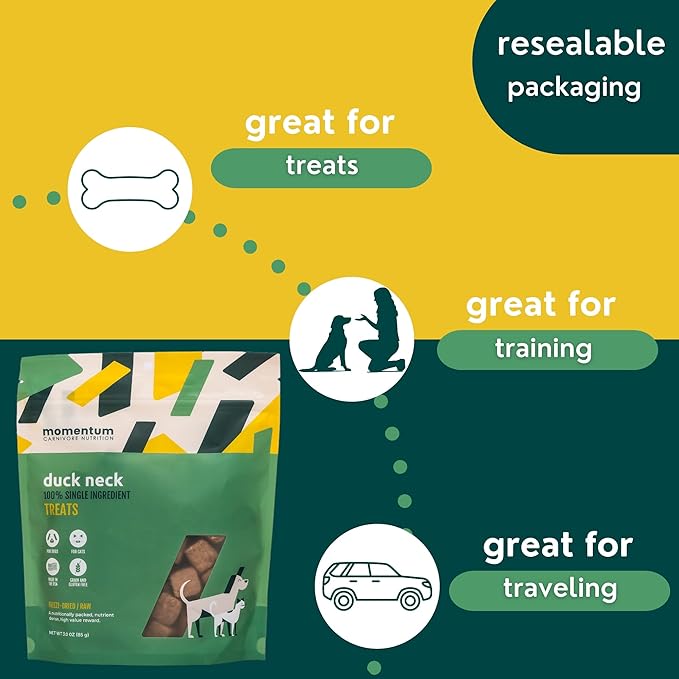 Momentum Carnivore Nutrition Freeze-Dried Duck Neck Dog Treats & Cat Treats – Single-Ingredient, High-Protein, Grain-Free, Natural Crunchy Chew – Made in USA – 3 oz Bag