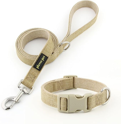 Plutus Pet Cotton Hemp Dog Collar and Leash Set, Adjustable Collar for Small, Medium, and Large Dogs, Heavy Duty and Soft on Skin, Khaki, XL