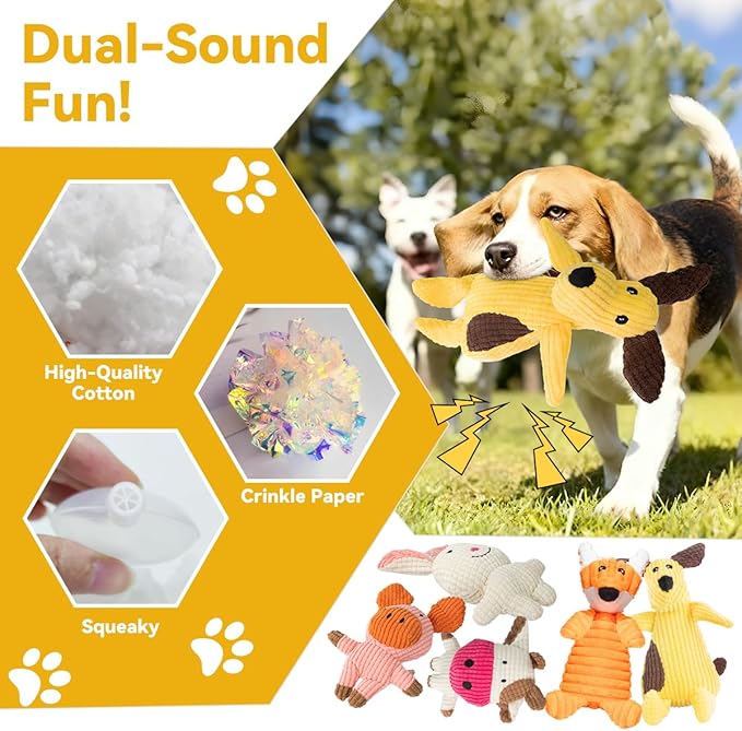 Squeaky Plush Dog Toys: 5 Pack Tough Stuffed Toys - Chew Teething Crinkle Boredom Relief for Puppy Small Medium Large Breed Dogs - Birthday Gift for Pets