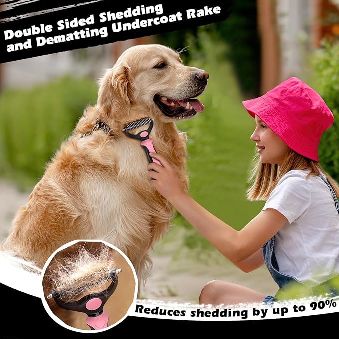 3PCS Self Cleaning Slicker Brush & Pet Grooming Rake & Flea Comb for Dogs,Cats and Horses | Double-Sided Dematting Comb & Skin Friendly Deshedding Grooming Tool | Pet Supplies (Light Pink)