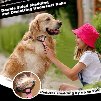 3PCS Self Cleaning Slicker Brush & Pet Grooming Rake & Flea Comb for Dogs,Cats and Horses | Double-Sided Dematting Comb & Skin Friendly Deshedding Grooming Tool | Pet Supplies (Light Pink)