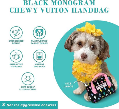 Haute Diggity Dog Black Monogram Chewy Vuiton Handbag, Plush Designer Dog Toys with Interactive Squeaker, Stimulating Pet Enrichment, Machine-Washable & Safe Materials for All Breeds, Size Large