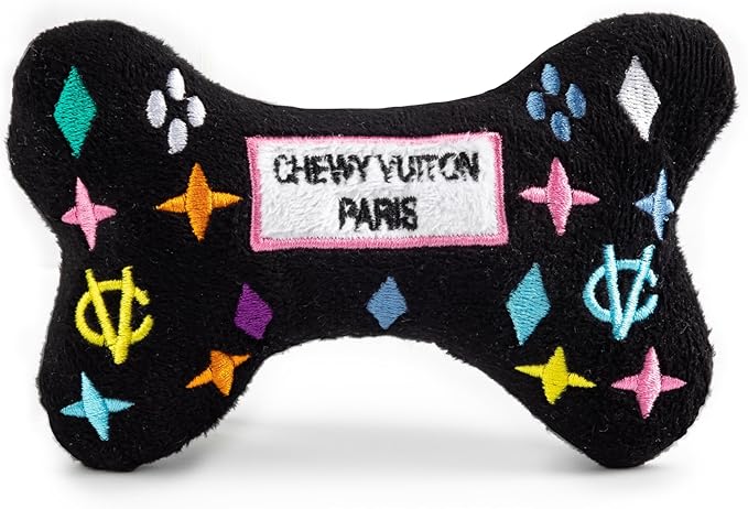 Haute Diggity Dog Black Monogram Chewy Vuiton Bone, Plush Designer Dog Toys with Interactive Squeaker, Stimulating Pet Enrichment, Machine-Washable & Safe Materials for All Breeds, Size Small