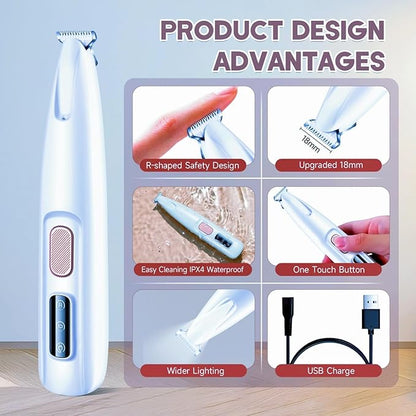 Professional Dog Paw Trimmer Electric, Pet Paw Trimmer with LED Light, Pet Hair Clippers Rechargeable Low Noise, Grooming Shaver for Dogs Cats Eyes Face Ears Feet Rump Hair, Waterproof, Cordless