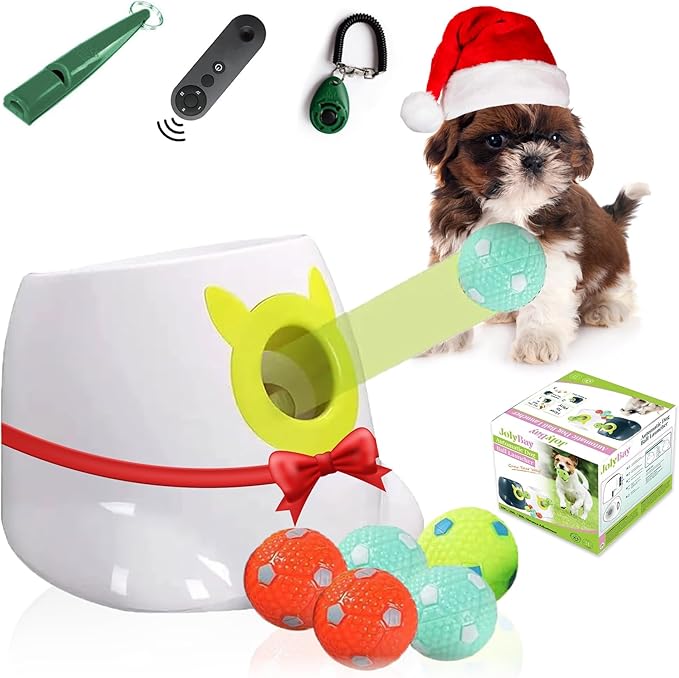 Automatic Small Dog Ball Launcher - Remote Control Interactive Fetch Machine Thrower for Small and Medium Sized Dogs with 6 High-Bounce Washable Latex Balls, Training Clicker, and Whistle – White