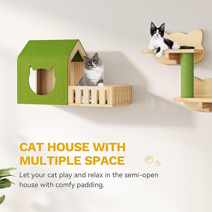 DWVO Solid Wood Cat Wall Shelves and Perches, Tall Floor to Ceiling Cat Tower w Scratching Posts, Wall Mounted Cats Furniture Climbing Shelves for Large Cats w Houses, Steps, Runway, Scratching Board