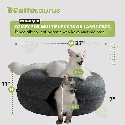 Cattasaurus Peekaboo Cat Cave Duo Jumbo Set, Extra Spacious Cat Donut for Multiple & Large Kitty 15+ lbs, Scratch Detachable Cat Beds for Indoor Cats, Washable Cat Tunnel Bed, Best Kitten Toys