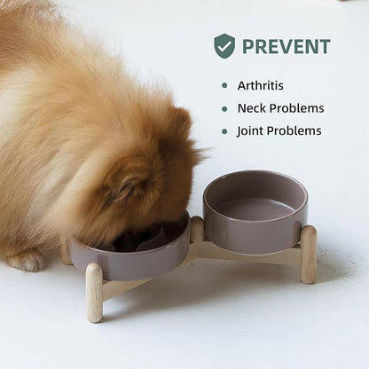 Ceramic 0.9 Cup Raised Slow Feeder Dog Bowl Set, Elevated 5.1inch Water Bowl and 6.1inch Puzzle Slow Pet Food Dish with Wooden Stand for Small Dog and Cat (2 x Brown Coffee+ Stand)