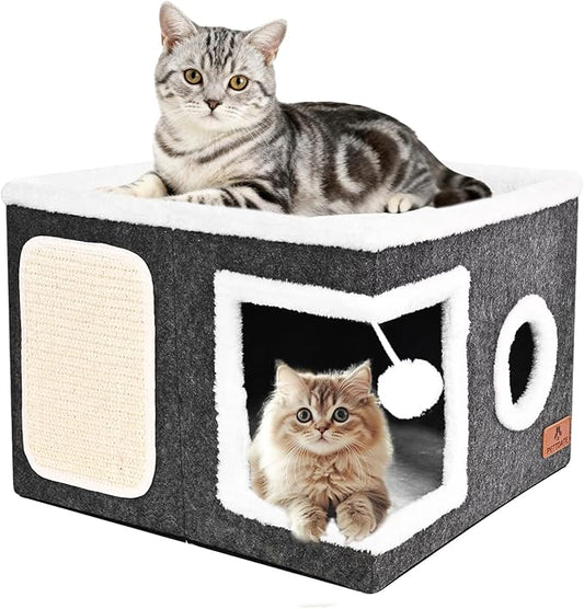 Felt Cat Cave Beds for Indoor Cats, Foldable Cat Hideaway with Scratch Pad and Fluffy Ball, Large Covered Cat House with Reversible Cushion for Multi Small Pet