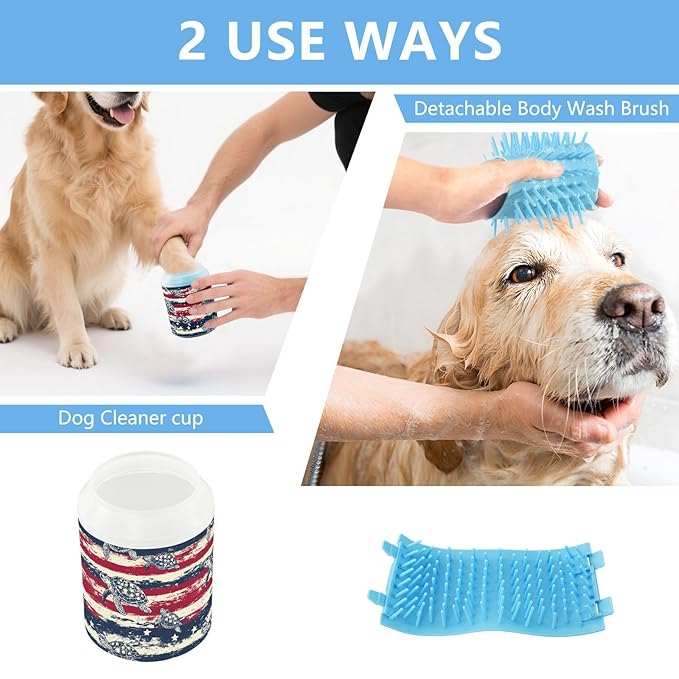 Dog Paw Cleaner Cups for Dogs Pets Foot Washer Paw Scrubber for Medium Small Cats Dogs Cleaning Cup Sea Turtles and Flag