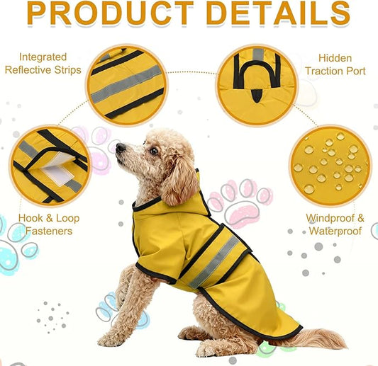 Dog Raincoat, Dog Rain Jacket Waterproof Jacket Reflective Adjustable Hooded Pet Rain Coat with Leash Hole, (Yellow, XS), Intended for Large Medium Small Puppies