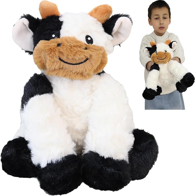 GOOC Kawaii Stuffed Fluffy Dairy Cattle Animal Fluffy Cow Plush Toy Fuzzy Milk Bull Plushies Sitting Cow Doll Gift for Kids or Lover in Birthday Valentine and Christmas 10 Inch