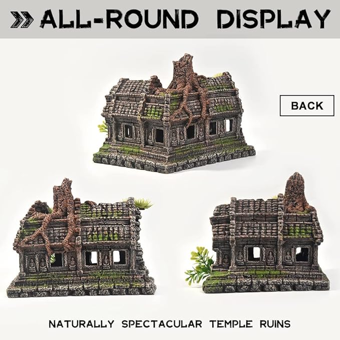 PTFJZ Aquarium Decorations Large Fish Tank Ornament Reptile House Shelter Decor Aquarium Hides with Betta Cave Temple Ruins Tree House Aquarium Landscape Decoration