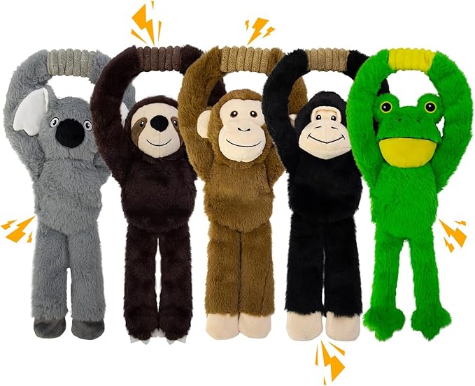 No Stuffing 5-Pack Dog Toys, Squeaky Plush with Crinkle to Keep Them Busy, Pull-tab Toys for Tug of War, Animal Shaped Dog Toys for Large, Medium and Small Dogs.