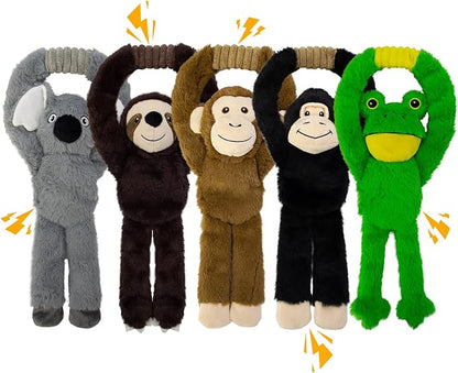 No Stuffing 5-Pack Dog Toys, Squeaky Plush with Crinkle to Keep Them Busy, Pull-tab Toys for Tug of War, Animal Shaped Dog Toys for Large, Medium and Small Dogs.