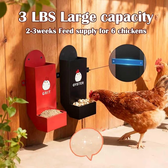 JND Chicken Grit and Oyster Shell Feeder Combo, Heavy Duty Metal Automatic Chicken Feeders，Stable Chicken Feeder - Anti-Tip Rod Included, Chicken Coop Accessories Built for Busy Keepers