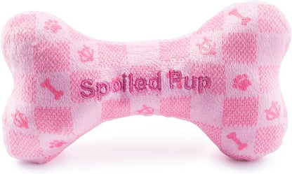 Haute Diggity Dog Pink Checker Chewy Vuiton Bone, Plush Designer Dog Toys with Interactive Squeaker, Stimulating Pet Enrichment, Machine-Washable & Safe Materials for All Breeds, Size Small