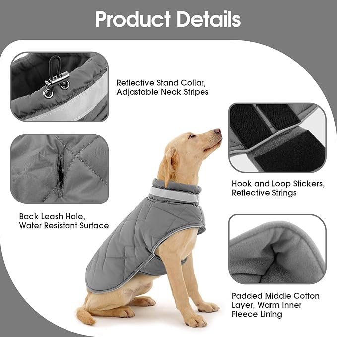Dog Winter Coat Warm Padded Puppy Jacket Windproof Water Resistant Clothes for Small Medium Large Pets Christmas Sweater Outfit Vest(Grey, XS)