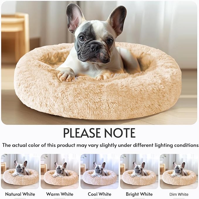JOLLYVOGUE Small Dog & Cat Beds for Indoor Cats, Donut Cuddler Warming Soft Dog Beds with Anti-Slip Bottom, Round Calming Fluffy Plush Faux Fur Cushion Bed for Large Dogs (36", Off White)