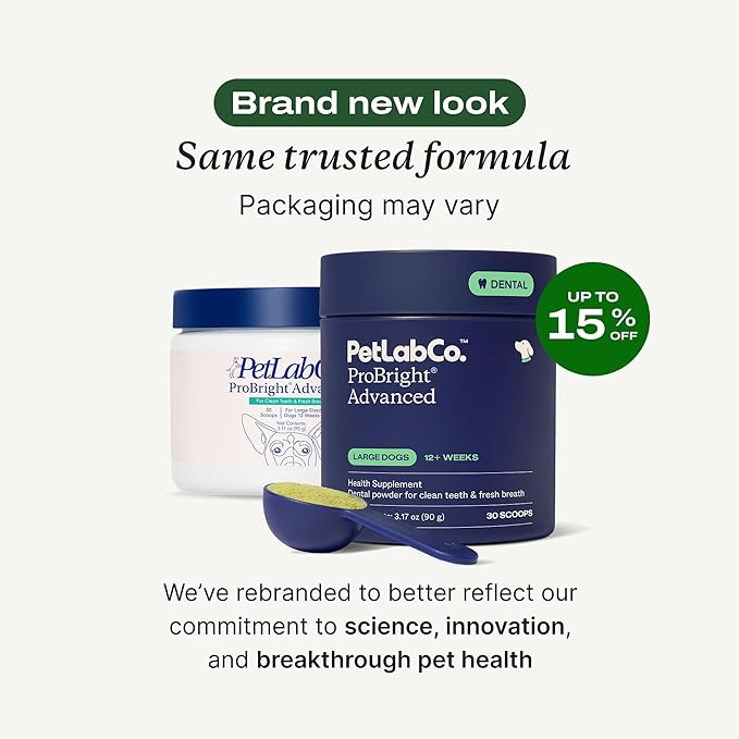 PetLab Co. ProBright Advanced Dental Powder - Dog Breath Freshener - Teeth Cleaning Made Easy – Targets Tartar & Bad Breath - Packaging May Vary - Formulated for Large Dogs