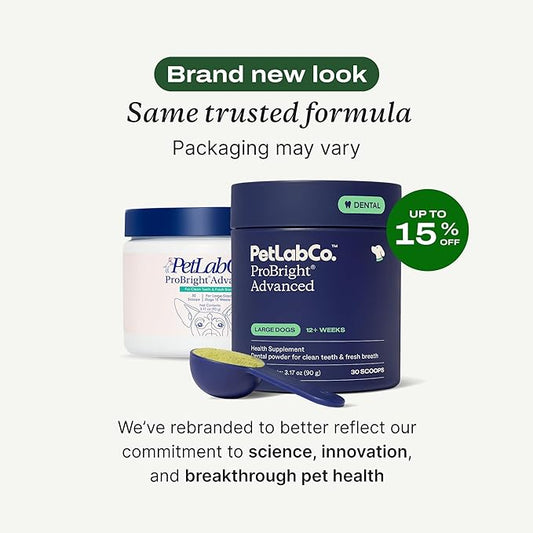PetLab Co. ProBright Advanced Dental Powder - Dog Breath Freshener - Teeth Cleaning Made Easy – Targets Tartar & Bad Breath - Packaging May Vary - Formulated for Large Dogs