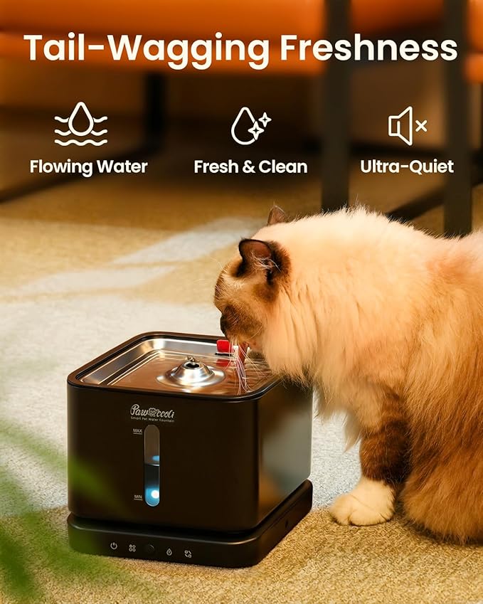 Cordless Cat Water Fountain, 3L/100oz Stainless Steel Tray, Cat Fountains for Drinking, Pet Water Fountains Indoor, Automatic Dog Water Bowl Dispenser, Rechargeable Battery Operated Black