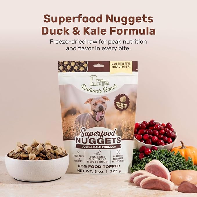 BADLANDS RANCH Superfood Nuggets – Freeze-Dried Raw Dog Treat & Food Topper, Nutrient-Dense Duck & Kale Formula, High Protein, No Artificial Additives, 8oz Bag