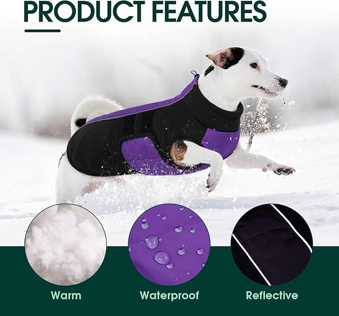 Kuoser Large Dog Coat, Winter Waterproof Dog Jackets for Large Dogs, Reflective Doggie Vest with Leash Hole, Cold Weather Coats Pet Snow Jacket for Labrador Beagle, Purple XXL