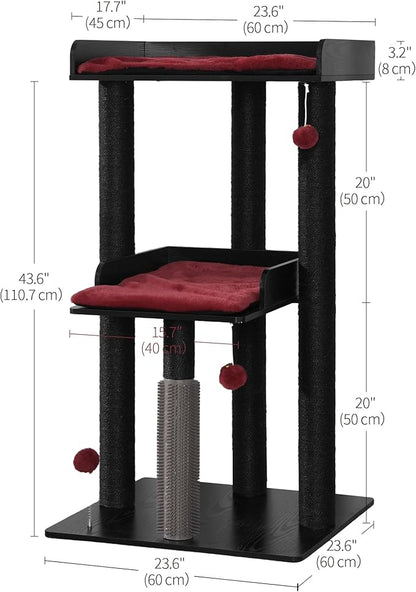 FourFurPets 43.7" Cat Tree, Modern Cat Tree Tower, Cat Tower for Indoor Cats Large Adult, Cat Condo with Scratching Post, Large Perch and Removable Pads, Black&Red