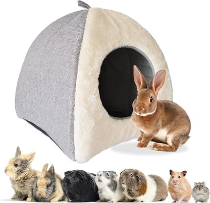 kathson Rabbit Bed Warm Hideout Bunny Cave Beds House Cozy Guinea Pig Hideouts with Foldable Winter Sleeping Nest for Small Animals Cats Hamsters Chinchillas Ferrets (Creamy White)