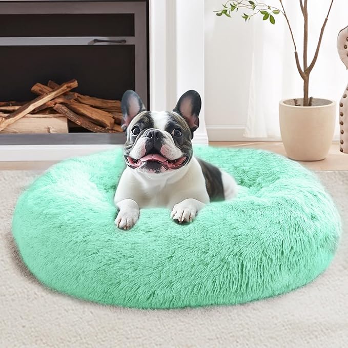 JOLLYVOGUE Small Dog & Cat Beds for Indoor Cats, Donut Cuddler Warming Soft Dog Beds with Anti-Slip Bottom, Round Calming Fluffy Plush Faux Fur Cushion Bed for Small Dogs (20", Mint Green)